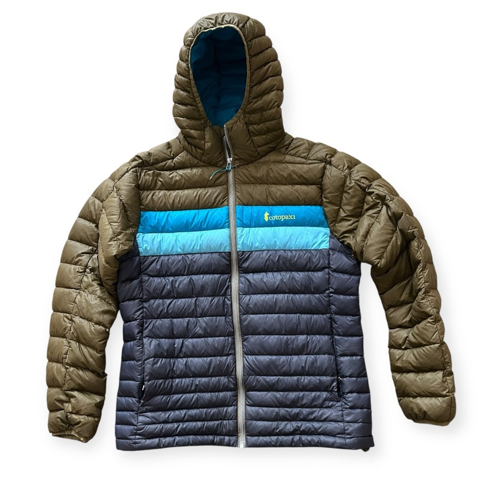 ‼️SOLD‼️ Cotopaxi Men's Fuego Hooded Puffer Jacket - Olive, Navy & Teal Stripes - Picture 2 of 11